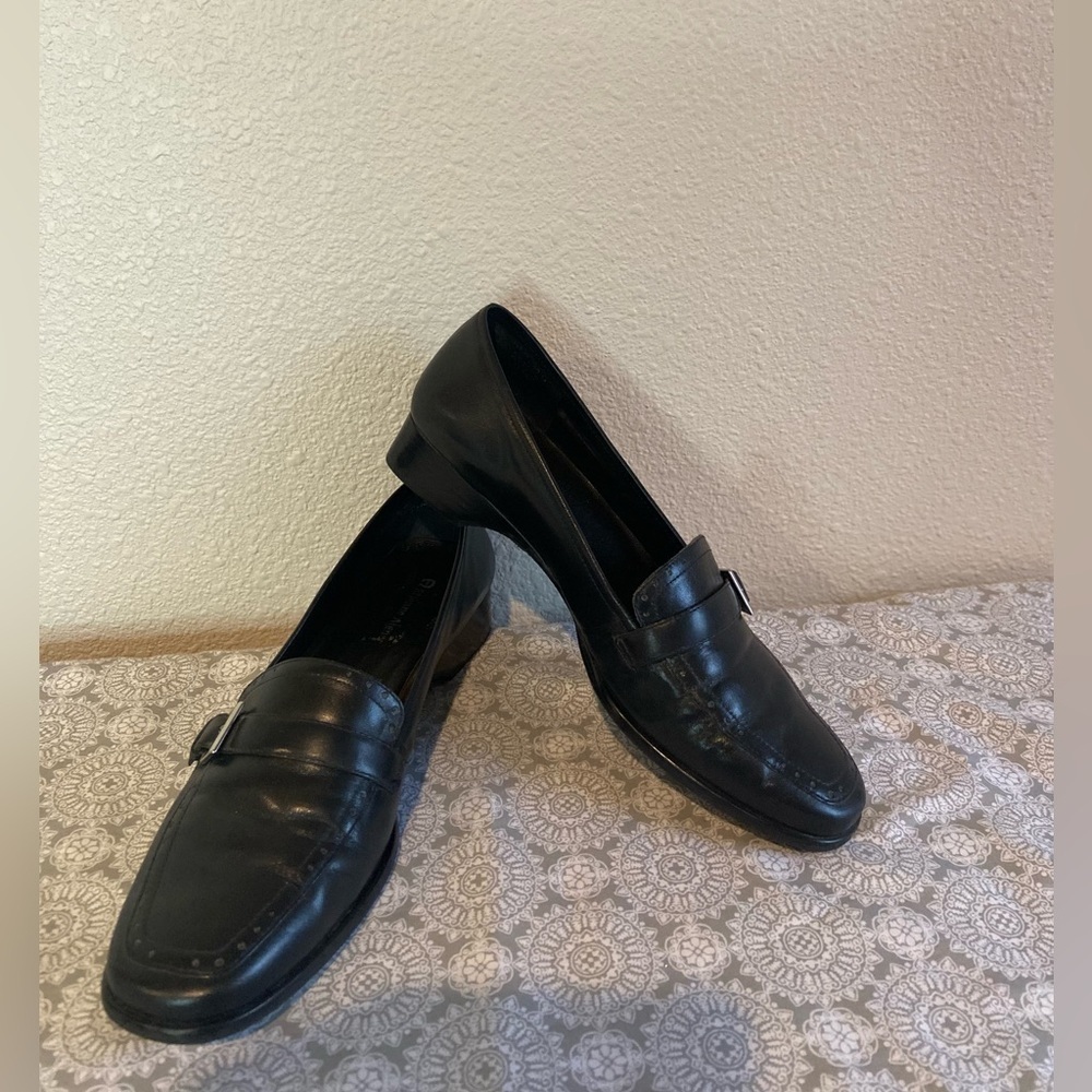 Etienne Aigner~Black Leather~Slip-On Heel Loafer~Silver Buckle Detail~Size 10